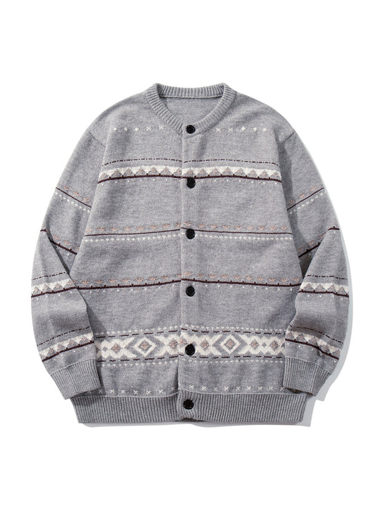 Unisex Strukturierte Jacquard-Strickjacke mit Rundhalsausschnitt, Oversize-Passform und Knopfleiste Shop Nory
