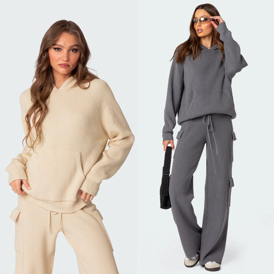 Damen geripptes Strick-Loungewear-Set mit Kapuzenpullover und Cargo-Hose Shop Nory