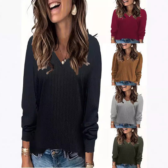 Damen Feinstrick-Langarmshirt mit V‑Ausschnitt und Zopfmuster Shop Nory