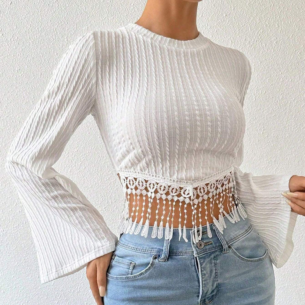 Damen gehäkeltes Spitzen-Crop-Top mit ausgestellten Trompetenärmeln und Häkelfransen Shop Nory
