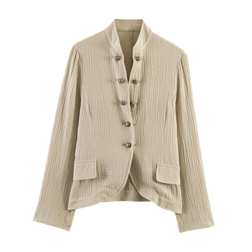 Damen Leichte strukturierte Baumwolljacke mit Stehkragen und Zierknöpfen Shop Nory