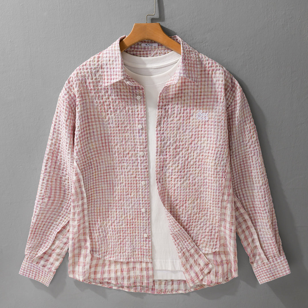 Damen Relaxed-Fit Crinkle-Hemdjacke mit feiner Gingham‑Webstruktur und dezenter Bruststickerei Shop Nory