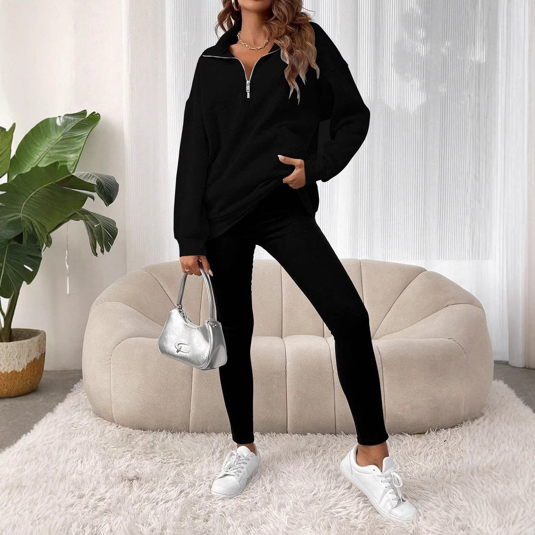 Damen Oversize Sweatshirt mit halbem Reißverschluss, Kängurutasche und Stehkragen Shop Nory