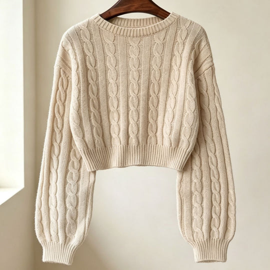 Damen Cropped Zopfmuster-Strickpullover mit kastiger Silhouette und Ballonärmeln Shop Nory