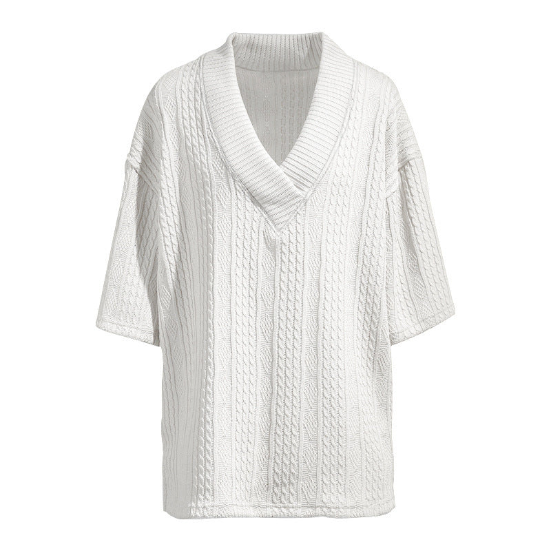 Damen Oversized Kurzarm-Strickpullover mit tiefem V‑Ausschnitt und Zopfmuster Shop Nory