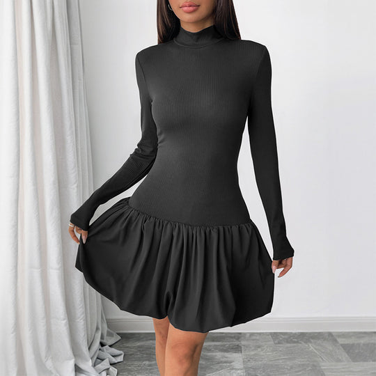 Damen Figurbetontes Minikleid mit Rippenoberteil, Stehkragen und gerafftem Ballonrock Shop Nory