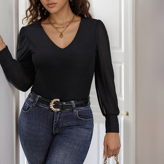 Damen Figurbetonter V‑Ausschnitt-Bodysuit mit transparenten Ballonärmeln und Shaping-Effekt Shop Nory