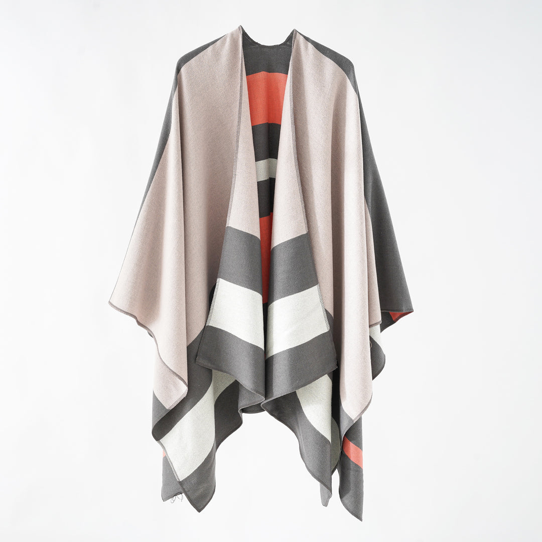 Damen Oversize-Ruana im Cape‑Stil aus Wolloptik mit geometrischen Blockstreifen Shop Nory