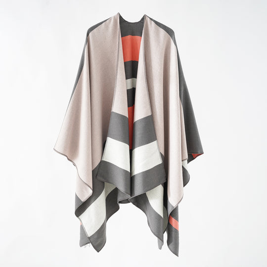 Damen Oversize-Ruana im Cape‑Stil aus Wolloptik mit geometrischen Blockstreifen Shop Nory