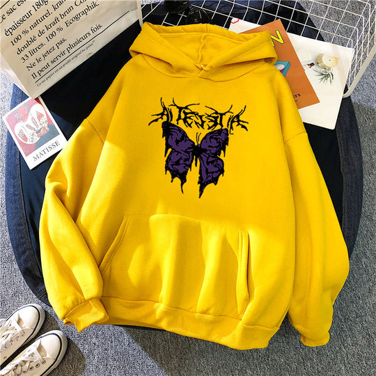 Damen nan Oversize-Kapuzenpullover mit gothischer Schmetterlings-Illustration und Kängurutasche Shop Nory