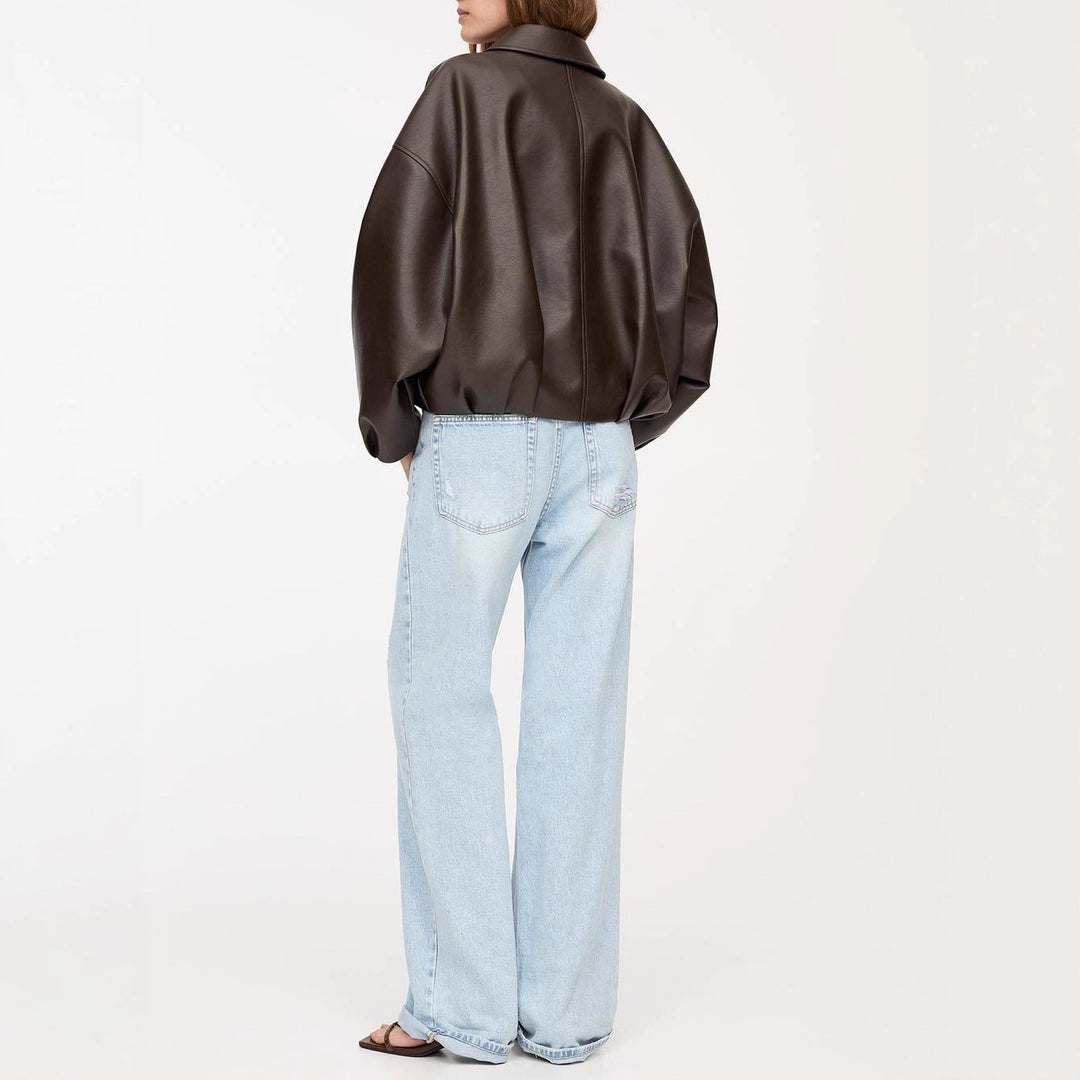 Damen Modische Kunstlederjacke mit auffälligem Kragen und Taillengürtel