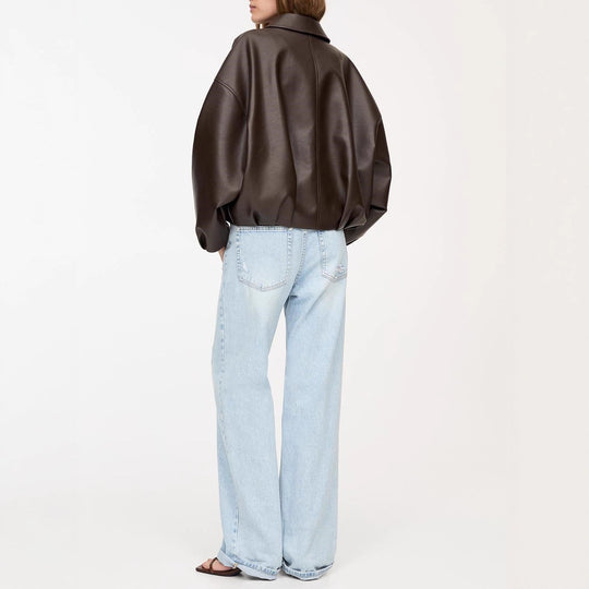 Damen Modische Kunstlederjacke mit auffälligem Kragen und Taillengürtel