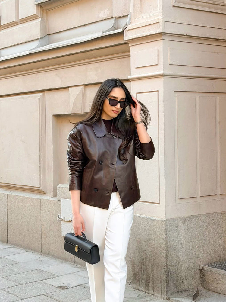 Damen Kurzjacke aus glattem Nappaleder im Doppelreiher mit Hemdkragen Shop Nory