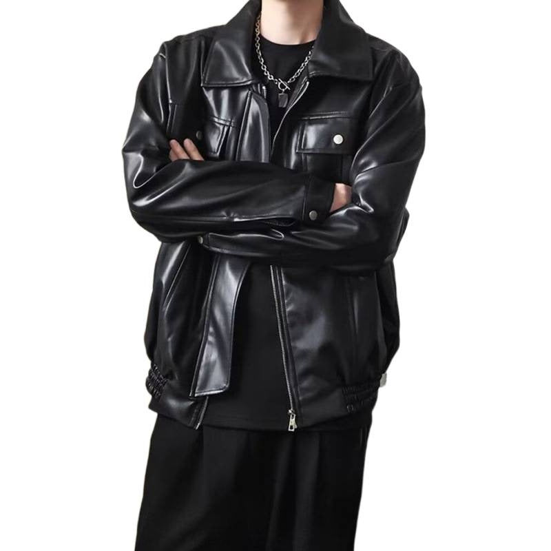 Herren Kurz geschnittene Oversized Kunstleder-Utility-Jacke mit Brustklappen und durchgehendem Reißverschluss Shop Nory