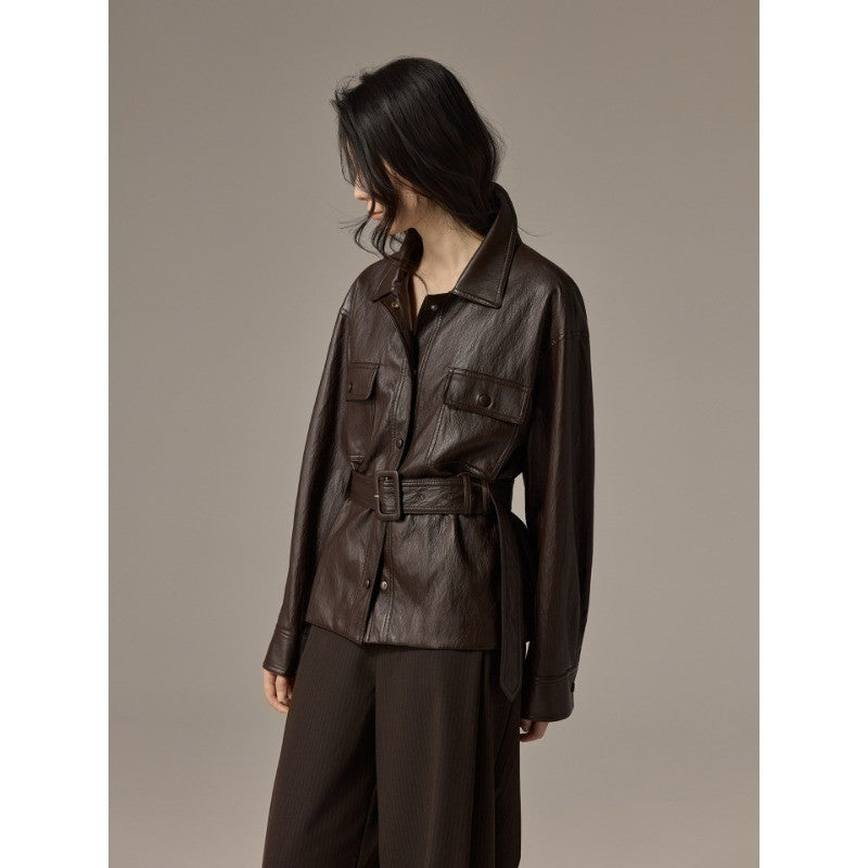 Damen Hemdjacke aus Lederoptik mit tailliertem Gürtel Shop Nory