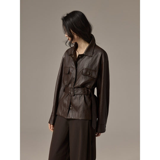 Damen Hemdjacke aus Lederoptik mit tailliertem Gürtel Shop Nory
