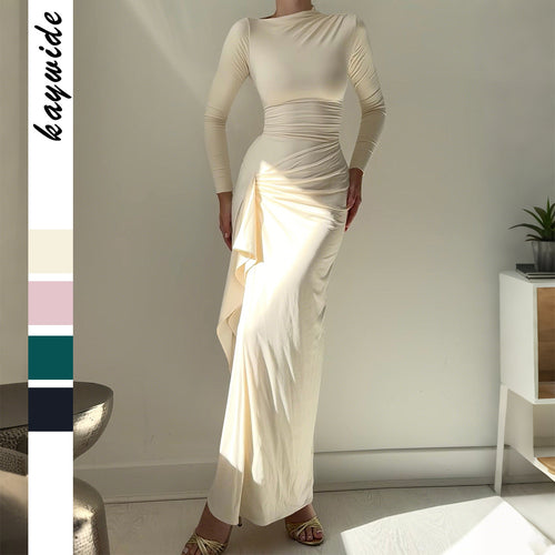 Damen nan gerafftes Maxikleid mit langen Ärmeln, taillierender Stretch-Passform und seitlichem Volant-Detail Shop Nory