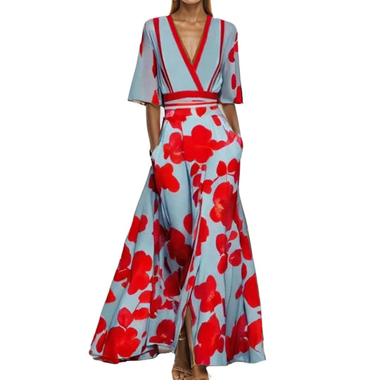 Damen Maxikleid mit Wickeloberteil, Taillengürtel und fließendem Satinrock Shop Nory