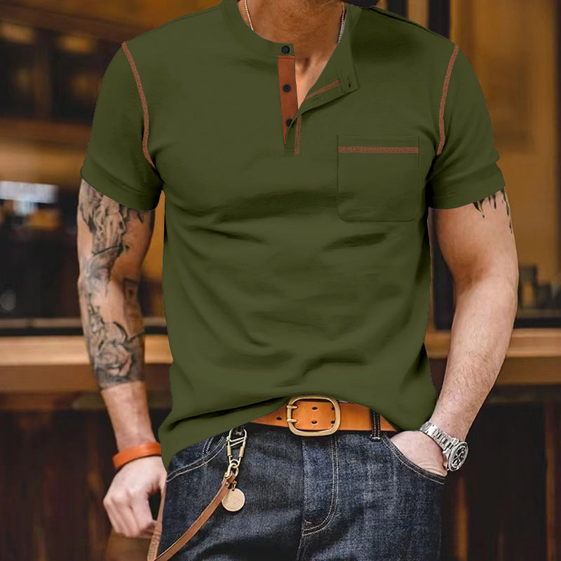 Herren nan urbanes Kurzarmshirt mit Stehkragen, halber Knopfleiste und Brusttasche