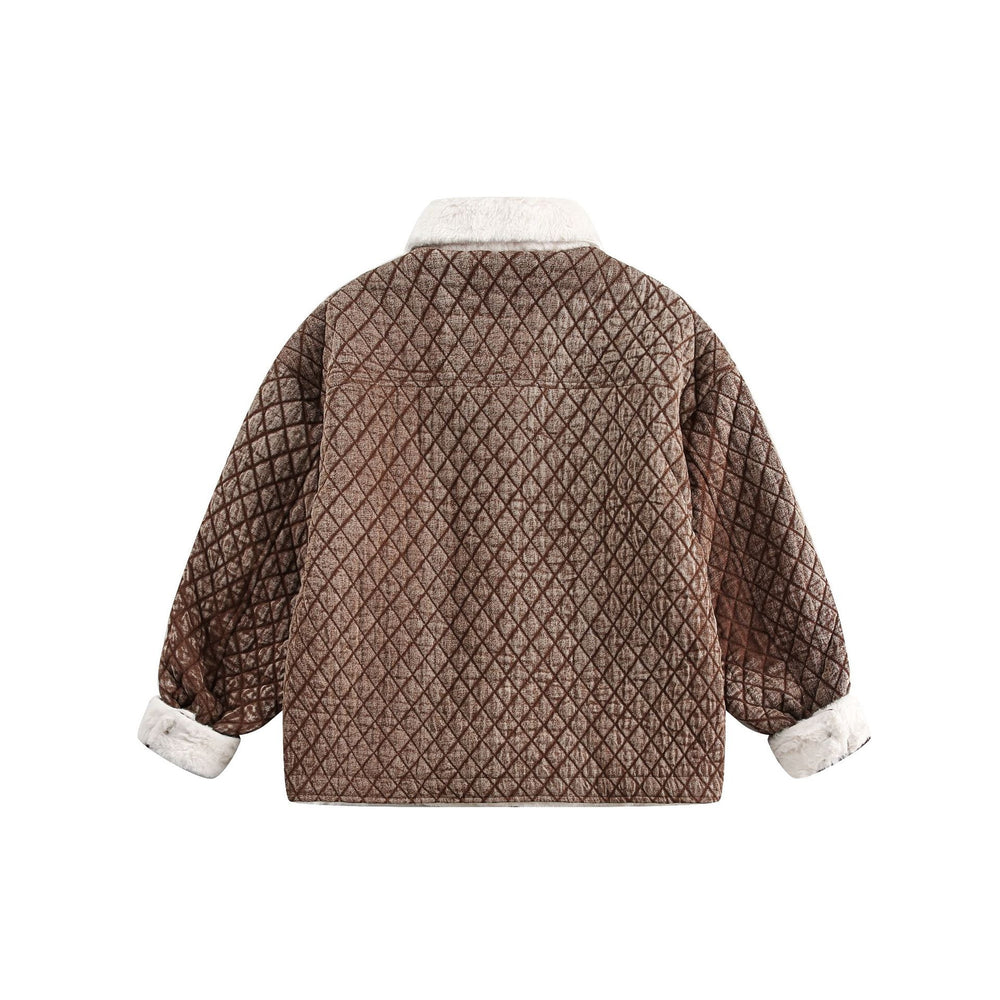 Damen Kurz geschnittene gesteppte Jacke mit Kunstfellkragen und Lederpatch‑Taschen Shop Nory