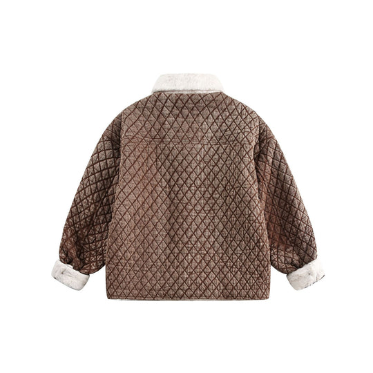 Damen Kurz geschnittene gesteppte Jacke mit Kunstfellkragen und Lederpatch‑Taschen Shop Nory