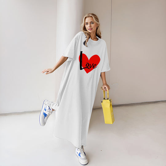 Damen nan locker geschnittenes Maxikleid mit großem Herzgrafikprint und Rundhalsausschnitt Shop Nory