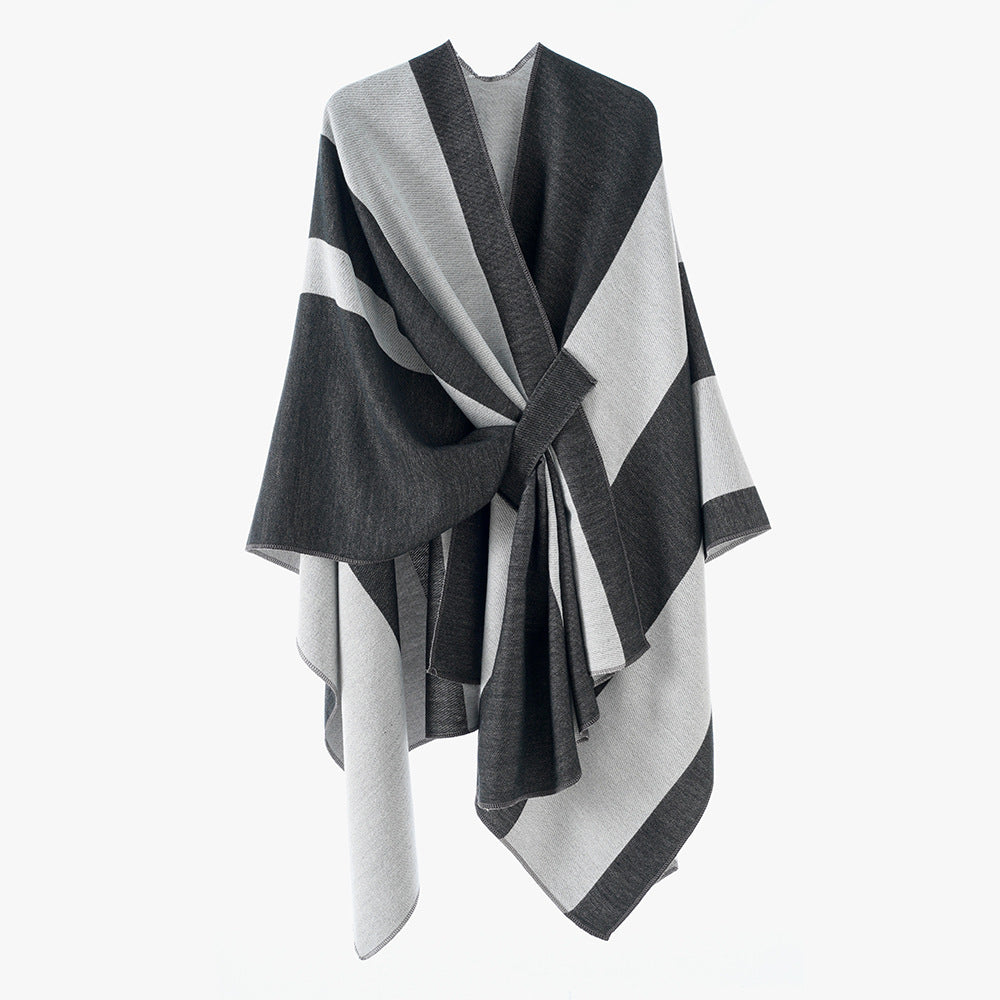 Damen Weicher Strickponcho mit Gürtel und Kontrastkante Shop Nory