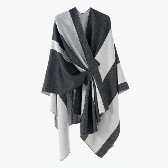 Damen Weicher Strickponcho mit Gürtel und Kontrastkante Shop Nory