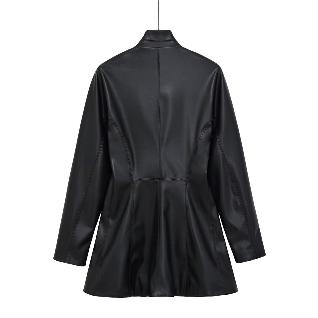 Damen taillierter zweireihiger Kunstleder‑Midimantel mit Schalkragen und Pattentaschen Shop Nory