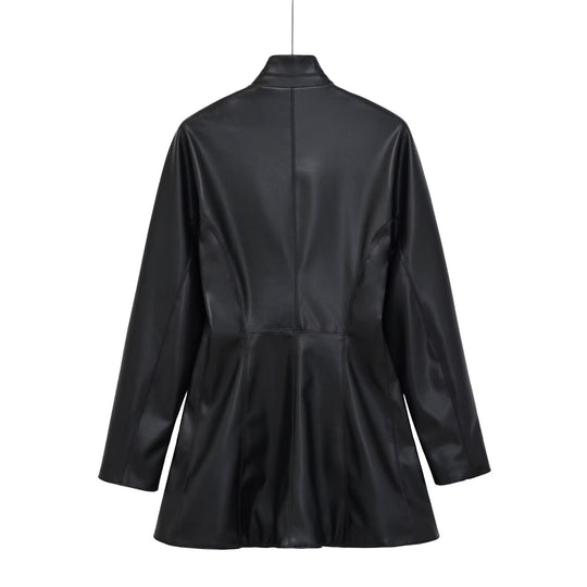 Damen taillierter zweireihiger Kunstleder‑Midimantel mit Schalkragen und Pattentaschen Shop Nory