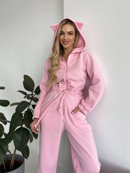 Damen Kuscheliger Kapuzen-Overall mit Katzenohren und Taillenzug Shop Nory