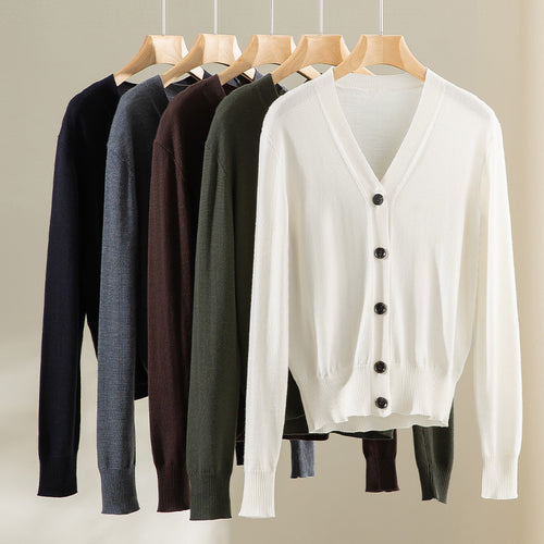 Damen Feiner V-Ausschnitt Cardigan mit Knopfleiste und geripptem Saum Shop Nory