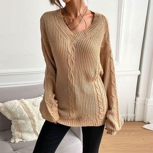 Damen Grobstrick Oversize-Pullover mit Zopfdetail und weitem V-Ausschnitt Shop Nory