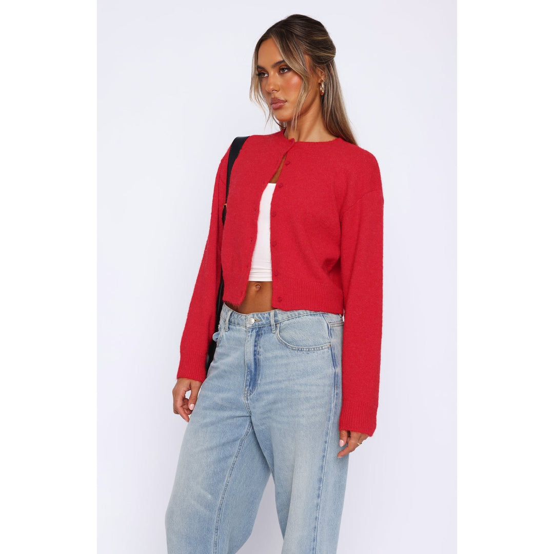 Damen Kurzgeschnittene Strickjacke mit verdeckter Knopfleiste und Ballonärmeln Shop Nory