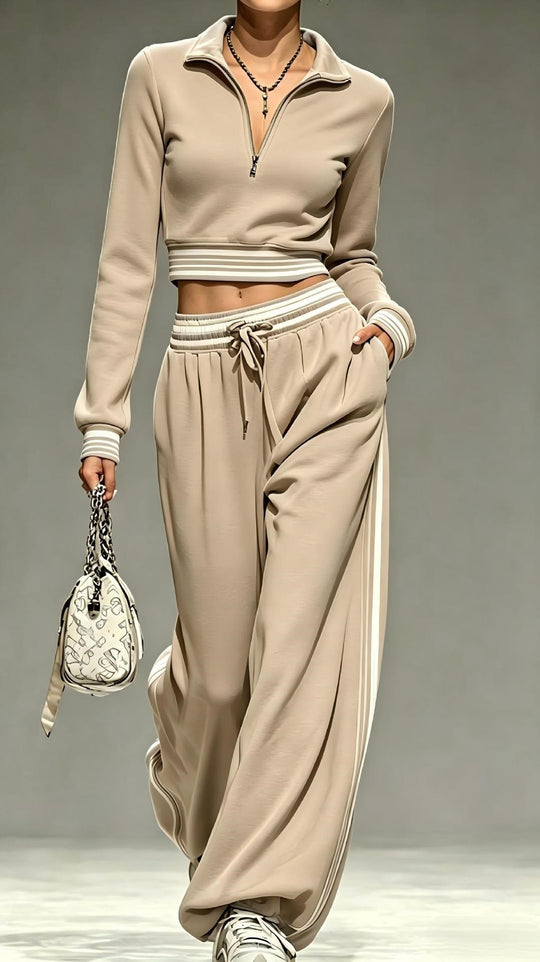 Damen Cropped-Trainingsset mit halbem Reißverschlusskragen und weitem Bundfalten-Jogger Shop Nory