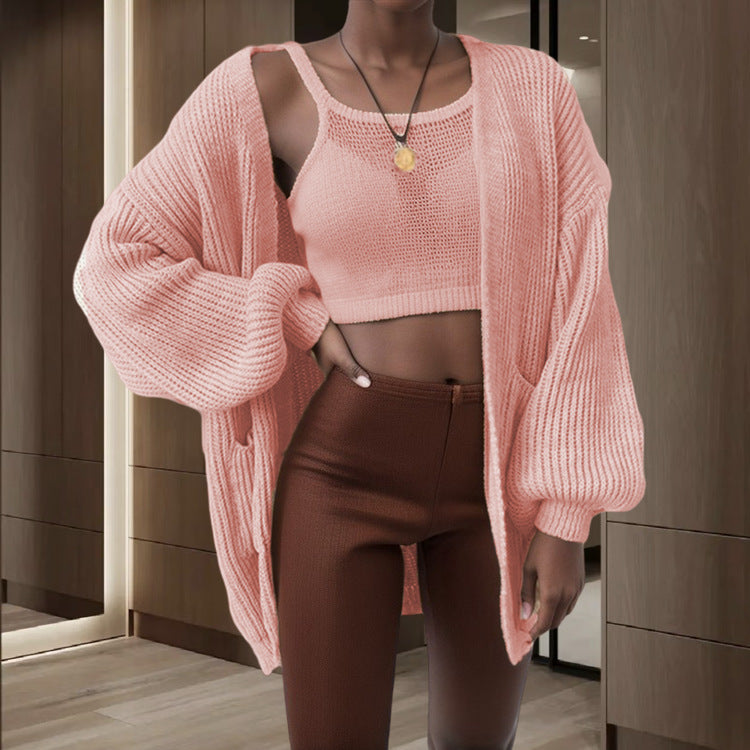 Damen Großer Strickjacke mit voluminösen Ärmeln und praktischen Taschen