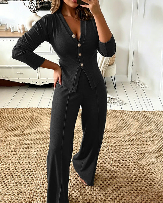 Damen Feines Strick-Set mit tailliertem Knopf-Cardigan und weitem Palazzo-Hose Shop Nory