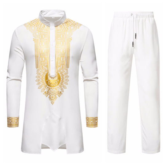 Herren Traditionelles Tunika-Set mit Stehkragen und goldfarbenem Ornamentdruck, Longshirt & Tunnelzughose Shop Nory