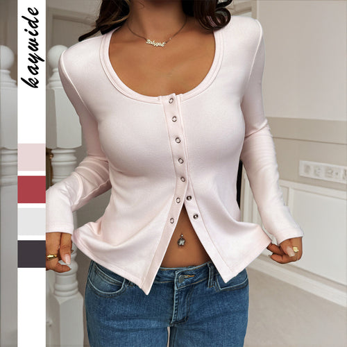 Damen nan tailliertes Langarmshirt mit Druckknopfleiste, Rundhalsausschnitt und frontaler Schlitz-Optik Shop Nory