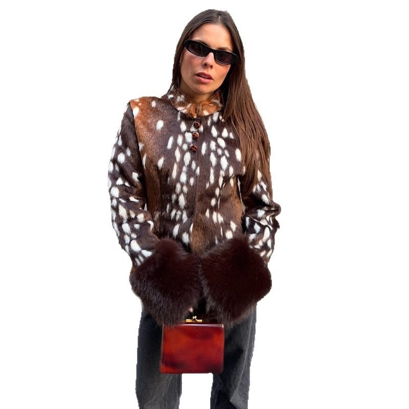Damen Taillierte Kurzjacke mit Leopardenmuster und Kunstpelzmanschetten Shop Nory