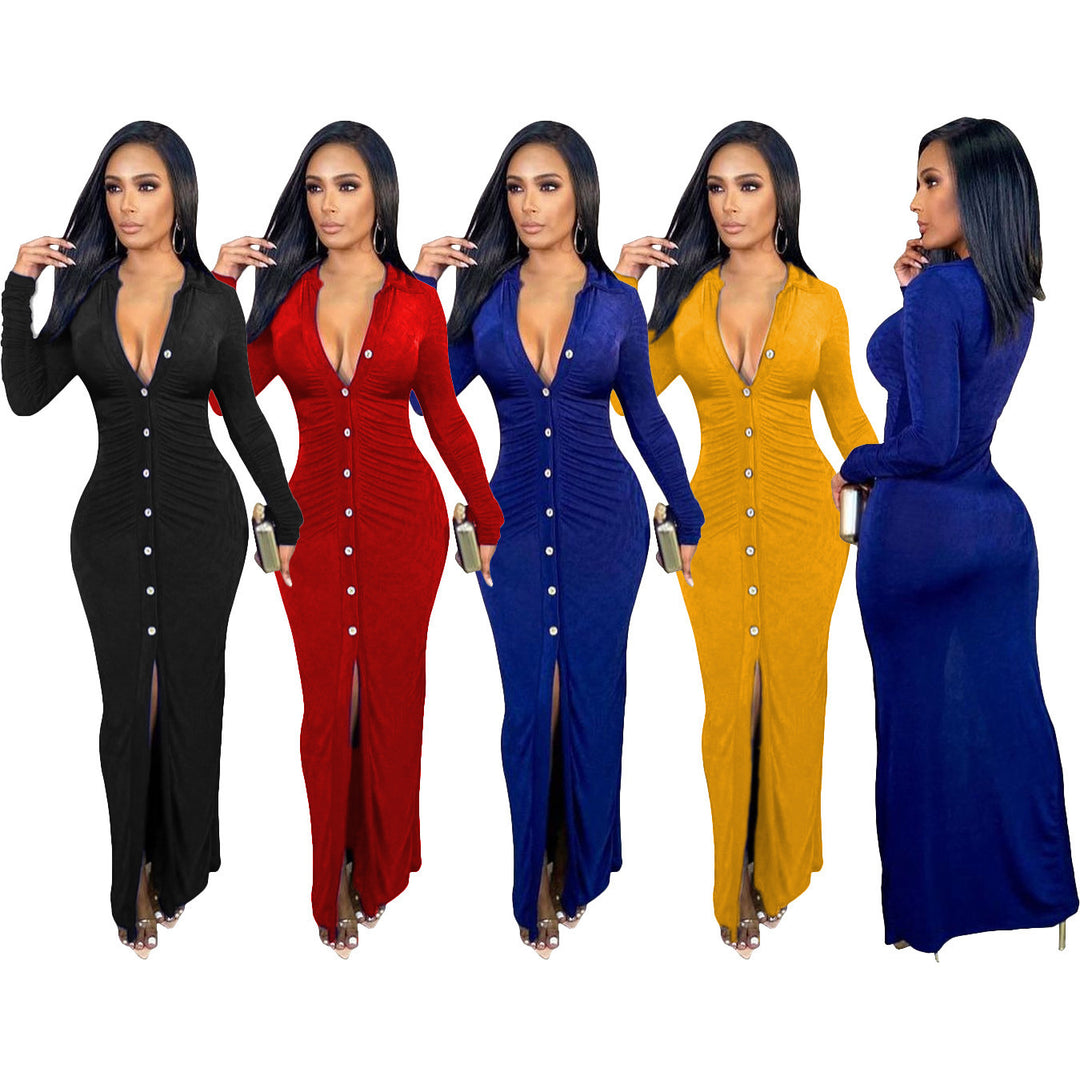 Damen Figurbetontes Maxikleid mit Knopfleiste, Raffung und tiefem V-Ausschnitt Shop Nory