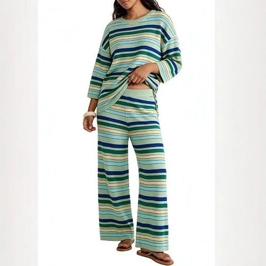 Damen Gestreiftes Lounge-Set aus leichtem Strick mit weitem Bein und 3/4-Ärmeln Shop Nory