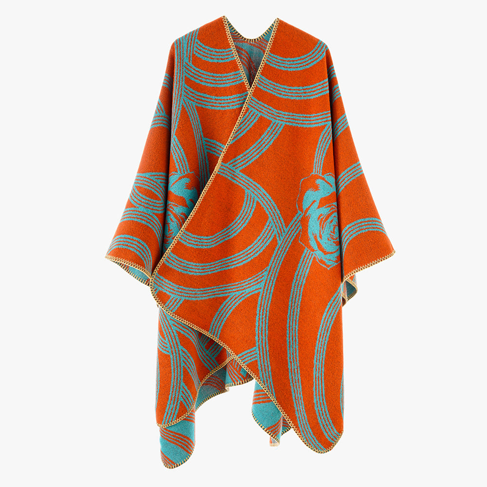 Damen Jacquard‑Capeponcho mit Rosendessin und Oversize‑Fall Shop Nory