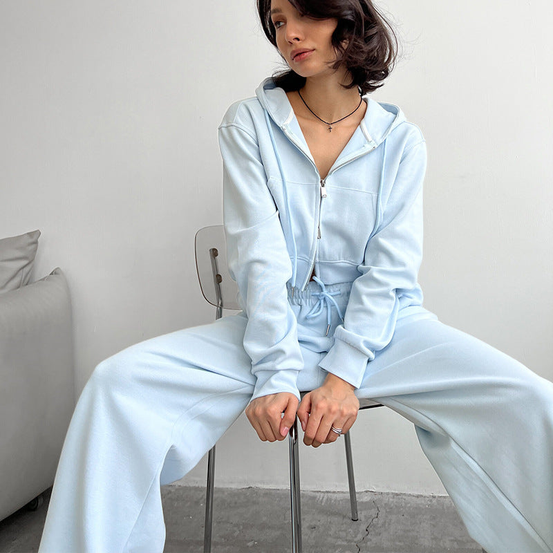 Damen Kurzes Zip-Kapuzen-Set mit taillenhoher weiter Loungehose Shop Nory