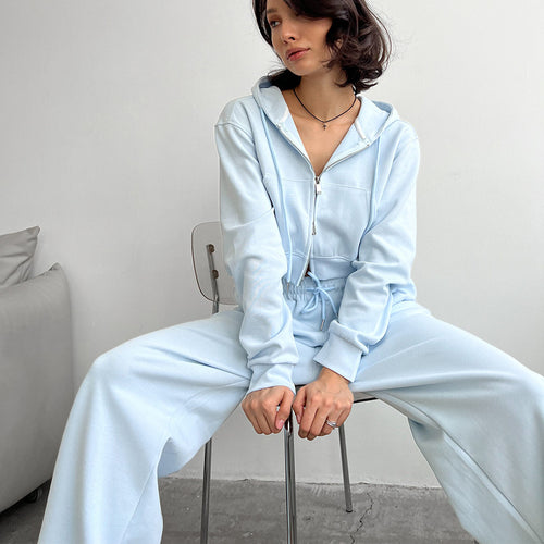 Damen Kurzes Zip-Kapuzen-Set mit taillenhoher weiter Loungehose Shop Nory