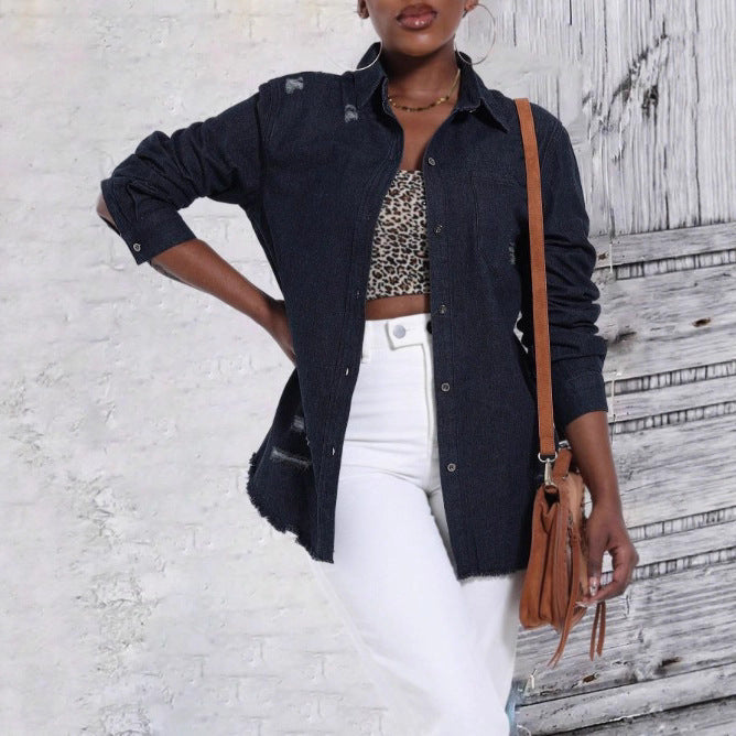 Damen Oversize-Denim-Hemdjacke mit Used-Effekten und rohem Saum Shop Nory