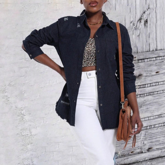 Damen Oversize-Denim-Hemdjacke mit Used-Effekten und rohem Saum Shop Nory
