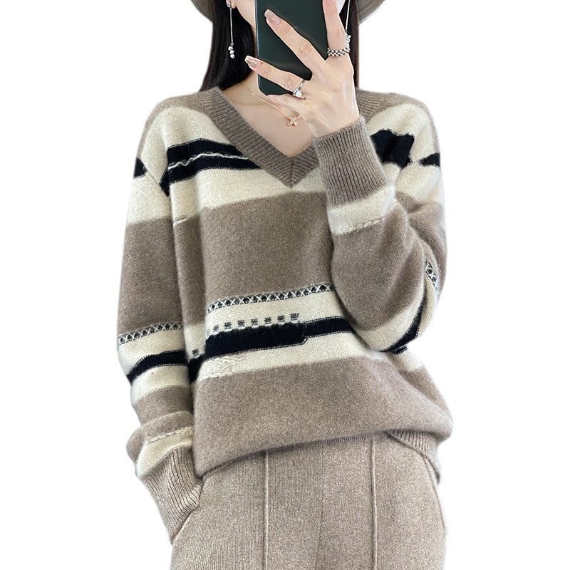 Damen Oversize-Strickpullover mit V‑Ausschnitt und grafischem Streifenmix Shop Nory