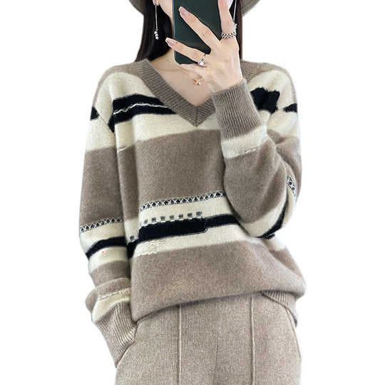 Damen Oversize-Strickpullover mit V‑Ausschnitt und grafischem Streifenmix Shop Nory