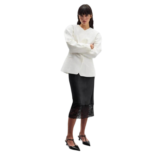 Damen eleganter Satin-Rock mit floralen Spitzenakzenten